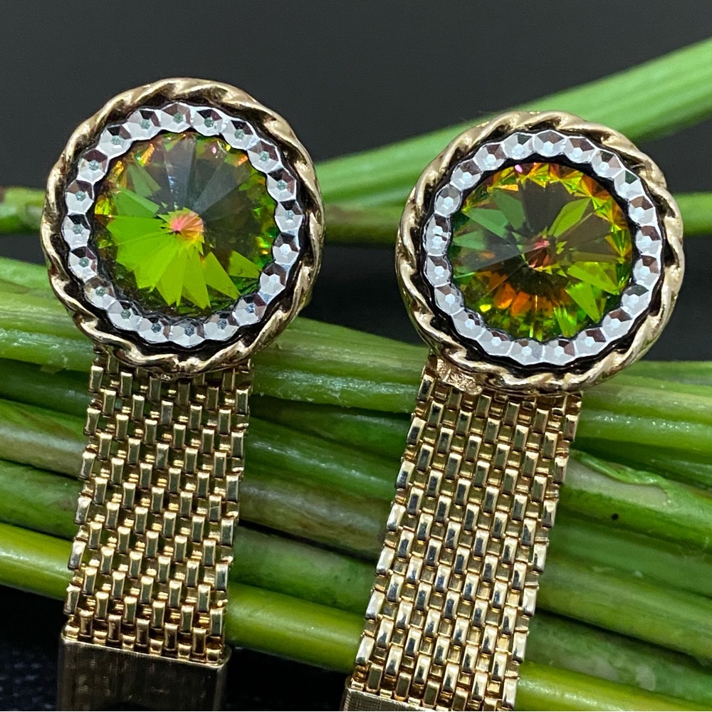 Vintage HADLEY Gold-tone Watermelon Rivoli Rhinestone Mesh Wrap Cufflinks